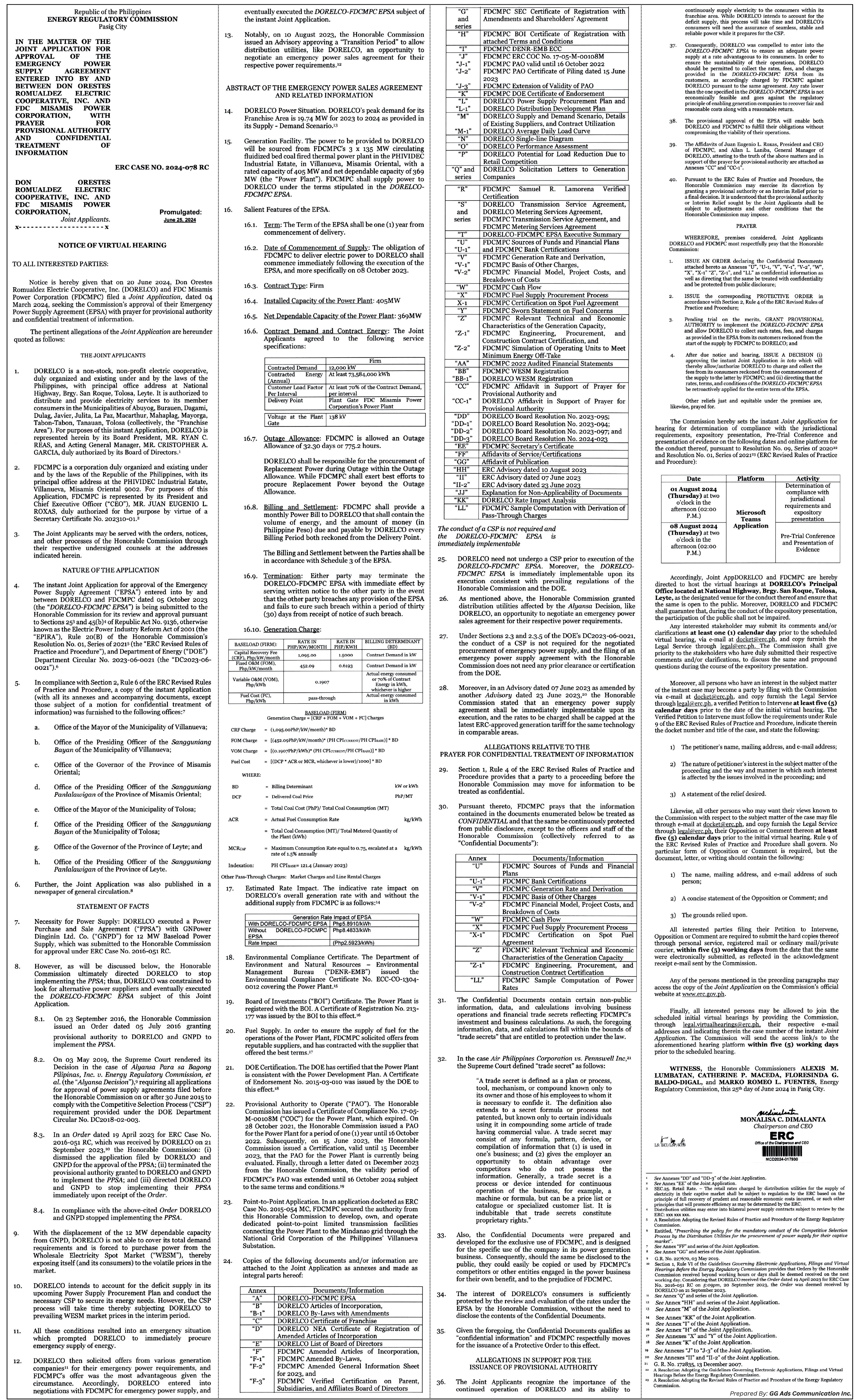 Notice of Virtual Hearing - Don Orestes Romualdez Electric Cooperative, Inc. & FDC Misamis Power Corporation